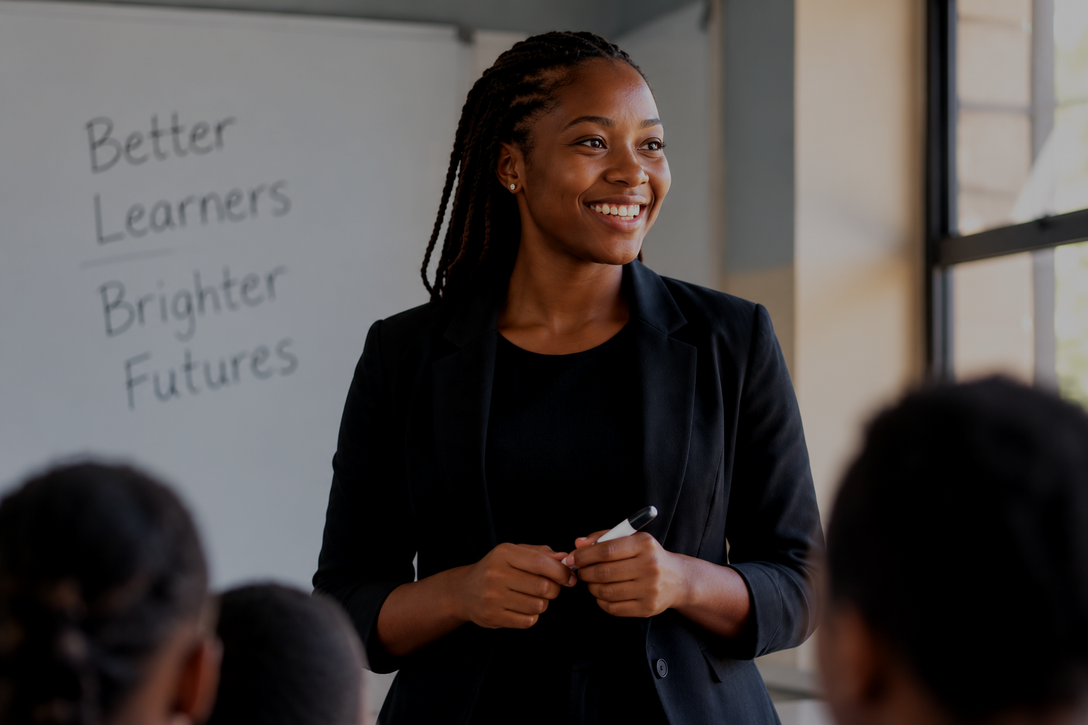 Teacher presenting at whiteboard in classroom